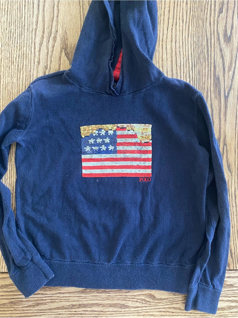 Polo Ralph Lauren Girls Hoodie Sweater With Sequins Embellishment- Navy Size M